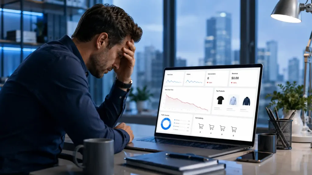 Business owner reviewing online store not getting sales performance metrics and declining ecommerce sales on a laptop dashboard.