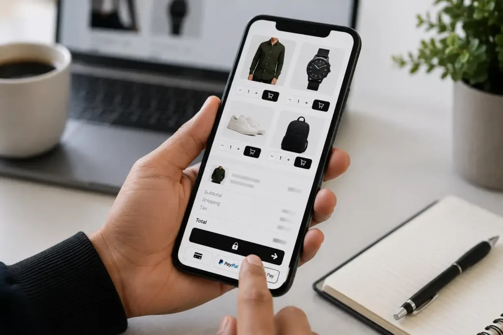 Customer using a mobile ecommerce checkout, highlighting shopping cart abandonment caused by a poor mobile shopping experience.