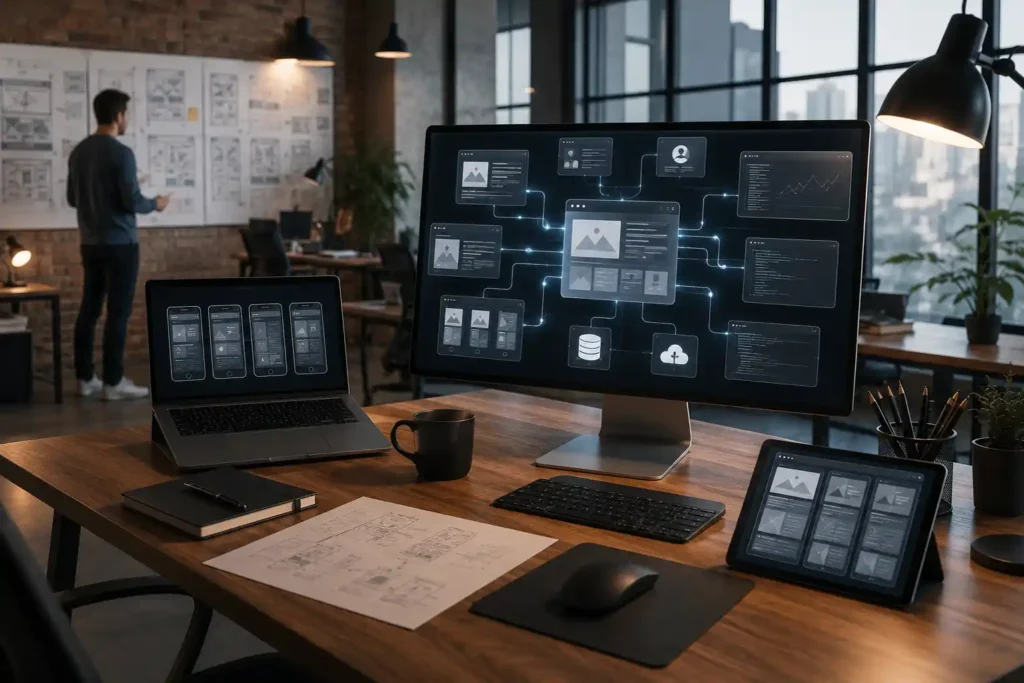 Professional web development team creating a responsive, high-performance business website