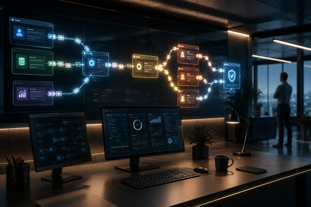 Workflow automation dashboard connecting business systems to streamline tasks and improve productivity