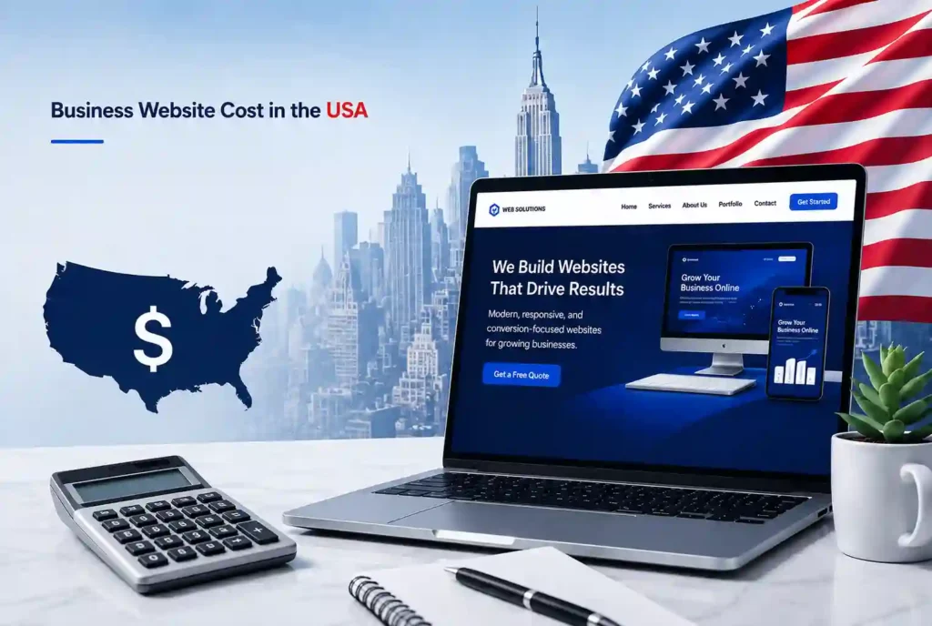 Business website cost in the USA with a professional website displayed on a laptop and US business theme.