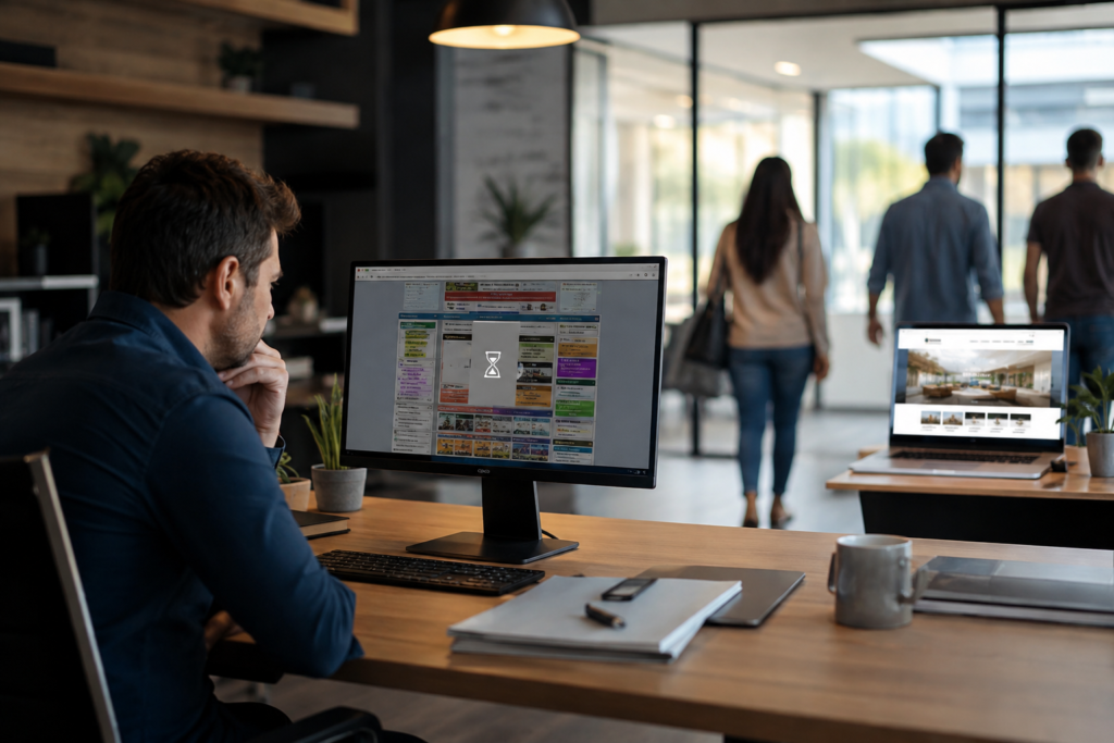 Concerned business owner viewing an outdated website while potential customers move toward a competitor with a modern website in a professional office.