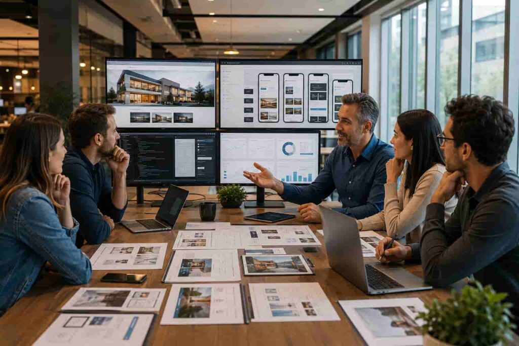 Website design team reviewing website layouts, mobile designs, analytics, and development plans during a website redesign strategy meeting.
