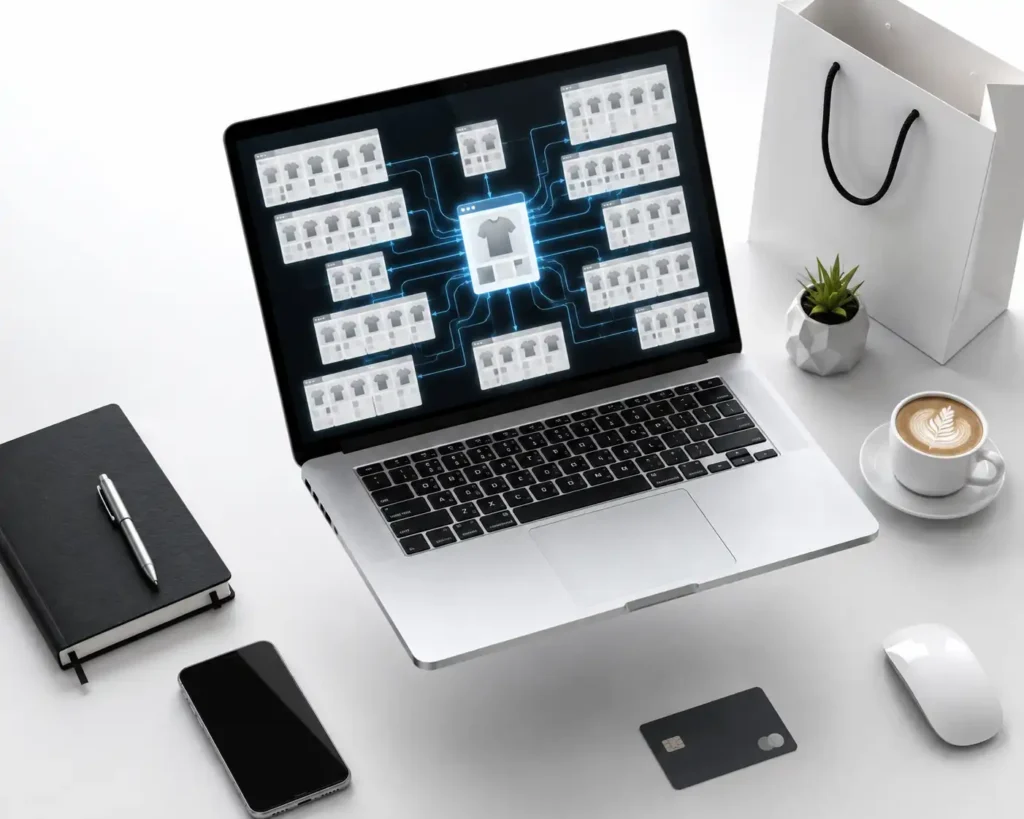 Laptop displaying Duplicate Pages and Canonical Errors across multiple ecommerce product pages connected to a single canonical product URL.