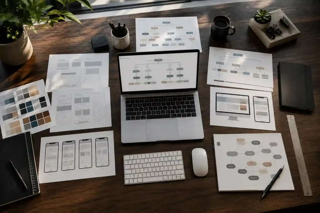 Website development project requirements with wireframes, sitemap, and website planning documents.