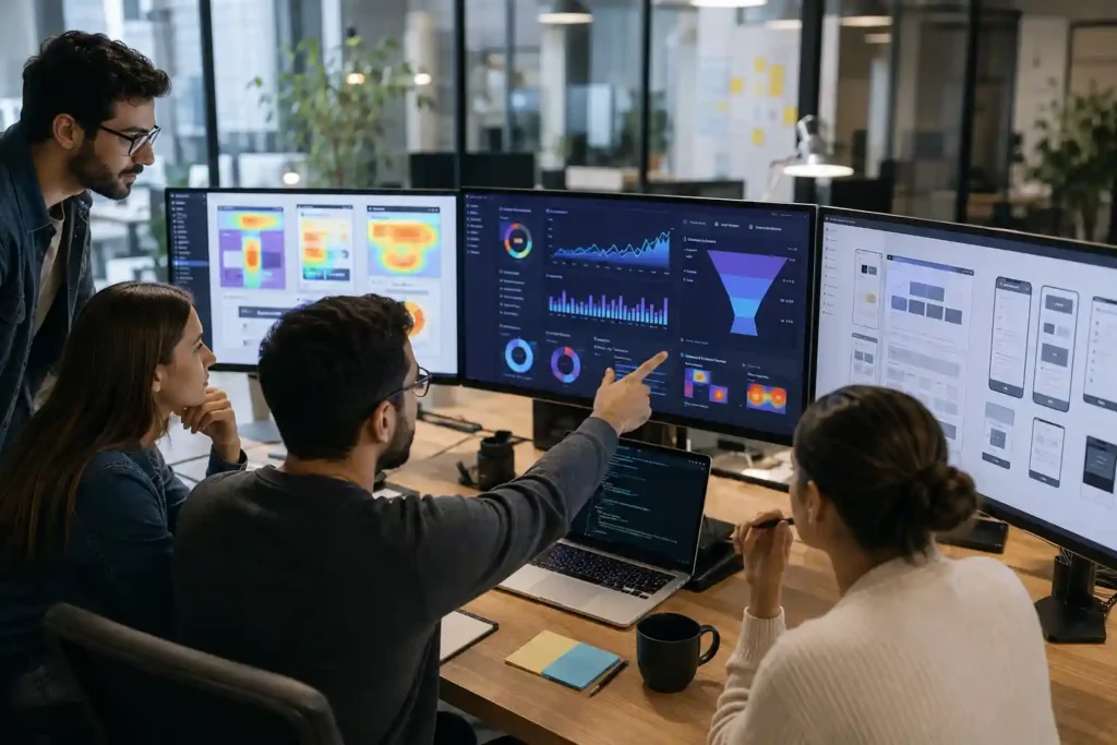 Ecommerce optimization team analyzing shopping cart abandonment data, user behavior, and checkout performance to improve conversions.