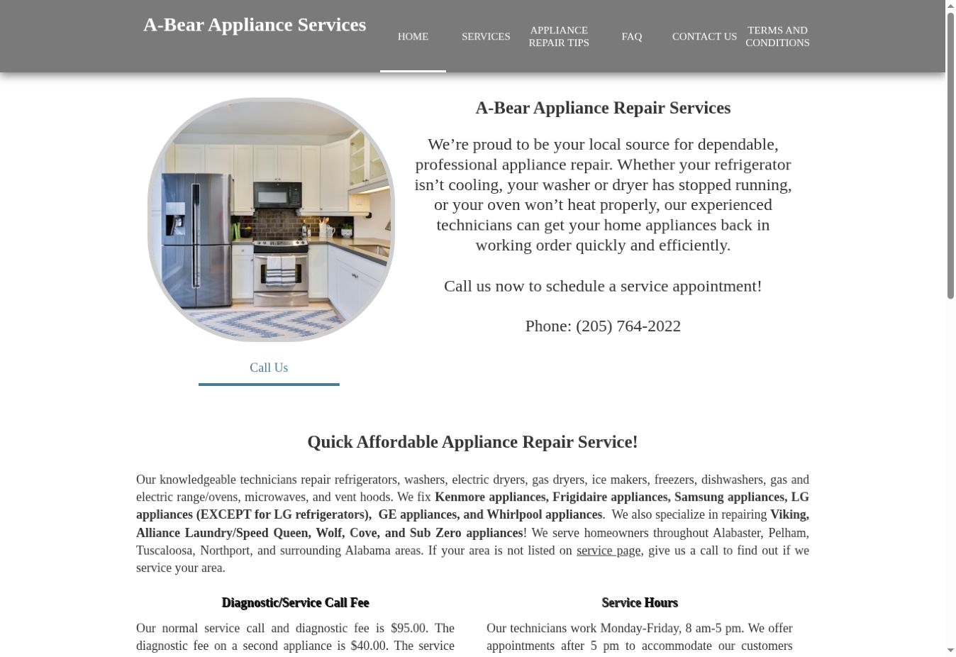 A-Bear Appliance Repair live website screenshot