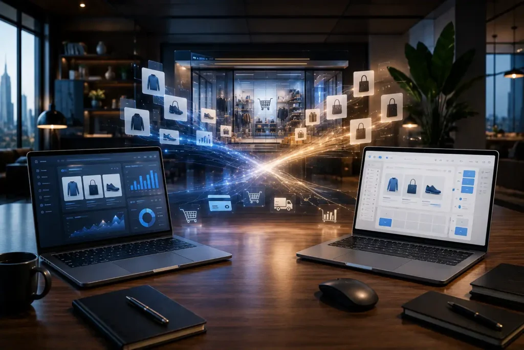 Shopify vs WooCommerce for growing business comparison showing ecommerce dashboards, product management, and online store growth.