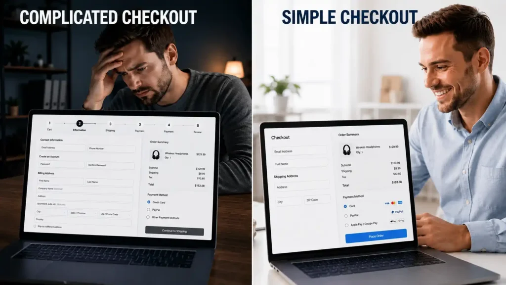 Split-screen comparison of a complicated checkout process and a simple ecommerce checkout designed to improve conversions and reduce cart abandonment.