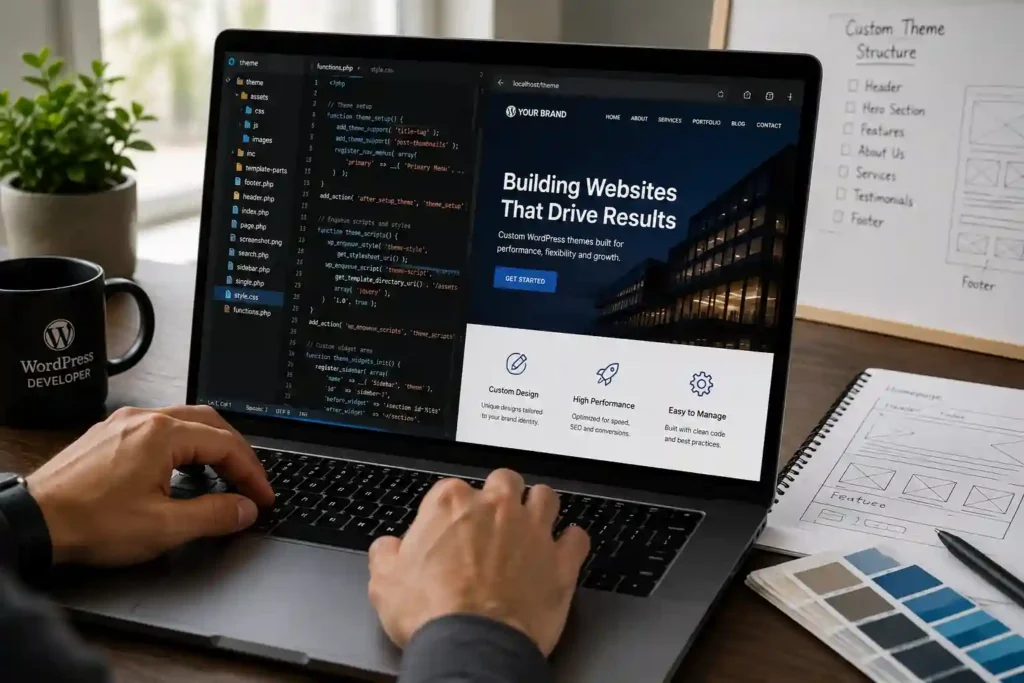 Custom WordPress theme vs prebuilt theme development shown through WordPress code, website design, and custom page planning