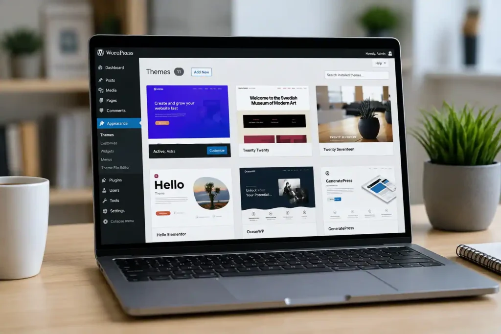 Custom WordPress theme vs prebuilt theme options displayed on a laptop in a WordPress theme selection workspace