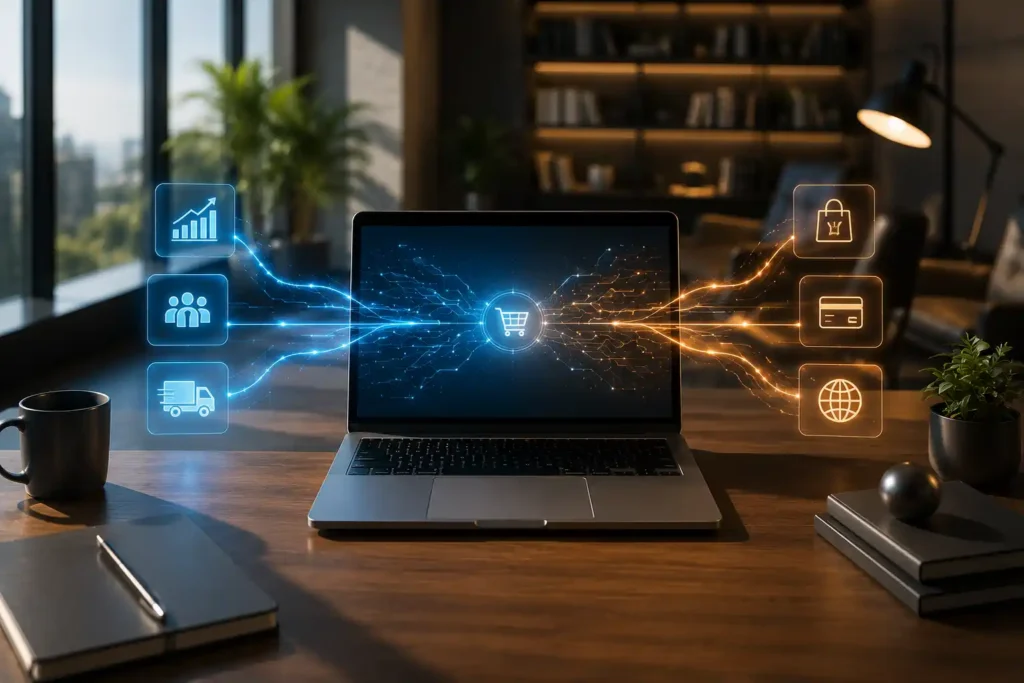 Ease of setup and day-to-day management of an ecommerce platform on a laptop with integrated business systems.