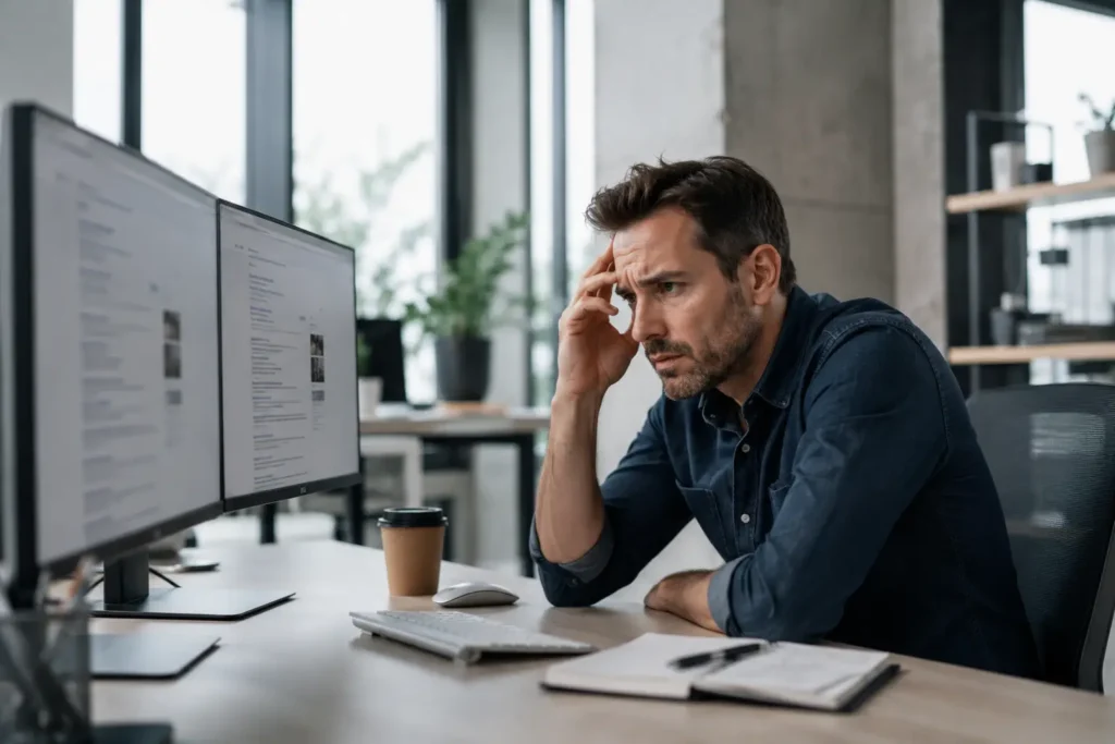 Business owner searching Google on a desktop computer to investigate why their business not showing up on Google in search results.