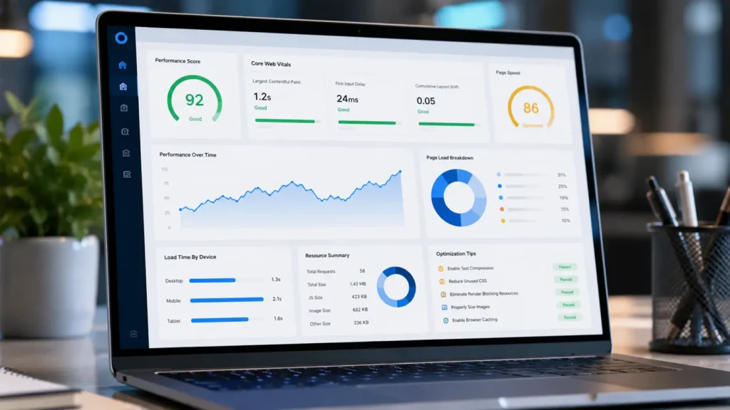 Website speed dashboard showing Core Web Vitals, page speed metrics, and performance optimization for a website that loads too slowly