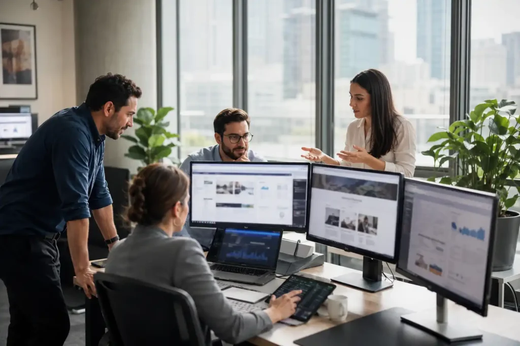 SEO specialists reviewing website performance, technical SEO, and search visibility strategies to improve Google rankings.