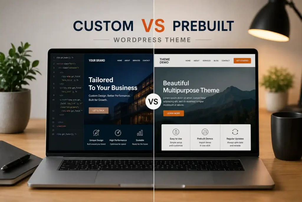 Custom WordPress theme vs prebuilt theme comparison on a laptop screen