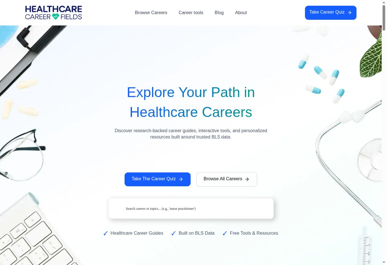 Healthcare Career Fields live website screenshot