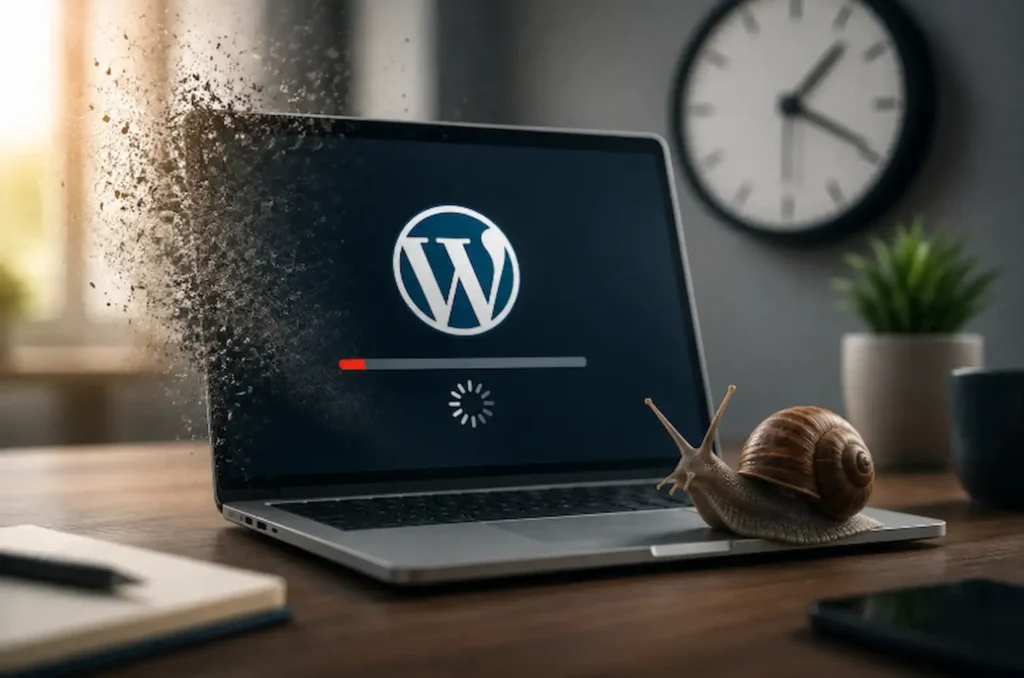 Why is my WordPress website so slow? A slow-loading WordPress website displayed on a laptop with a loading bar and snail representing poor website performance.