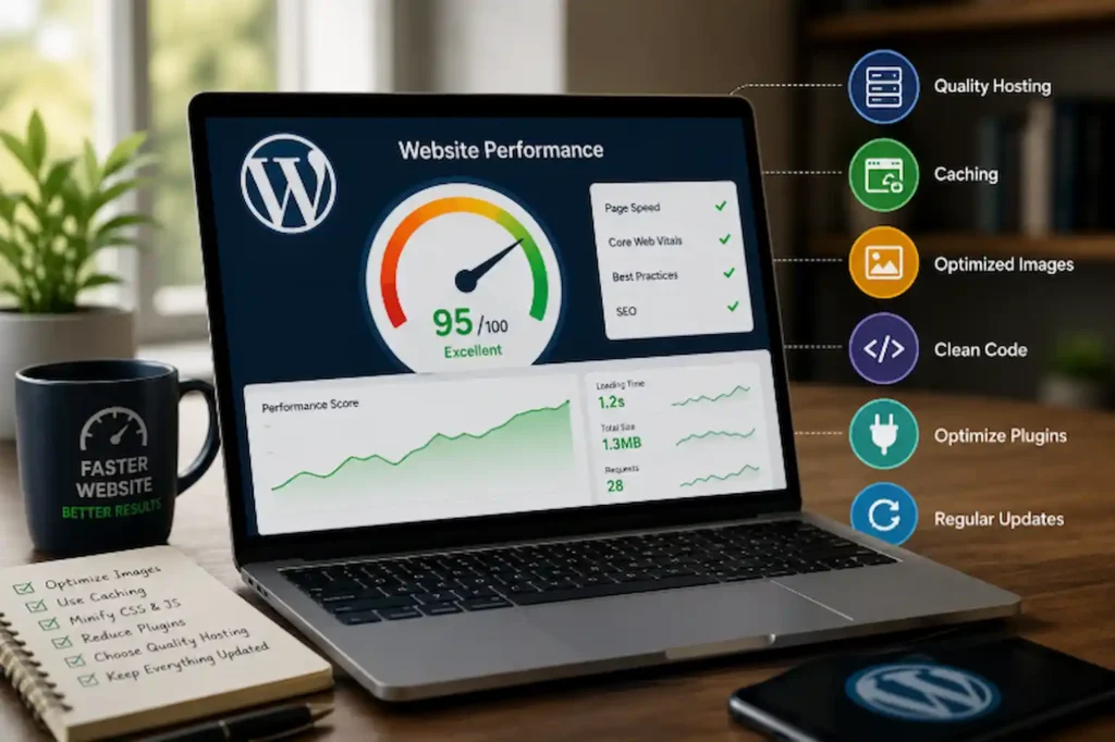 Improving WordPress website performance with optimization, caching, quality hosting, and clean code.