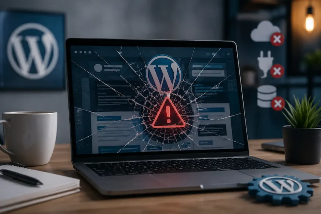 WordPress website keeps breaking because of plugin conflicts, outdated software, and technical issues displayed on a laptop.