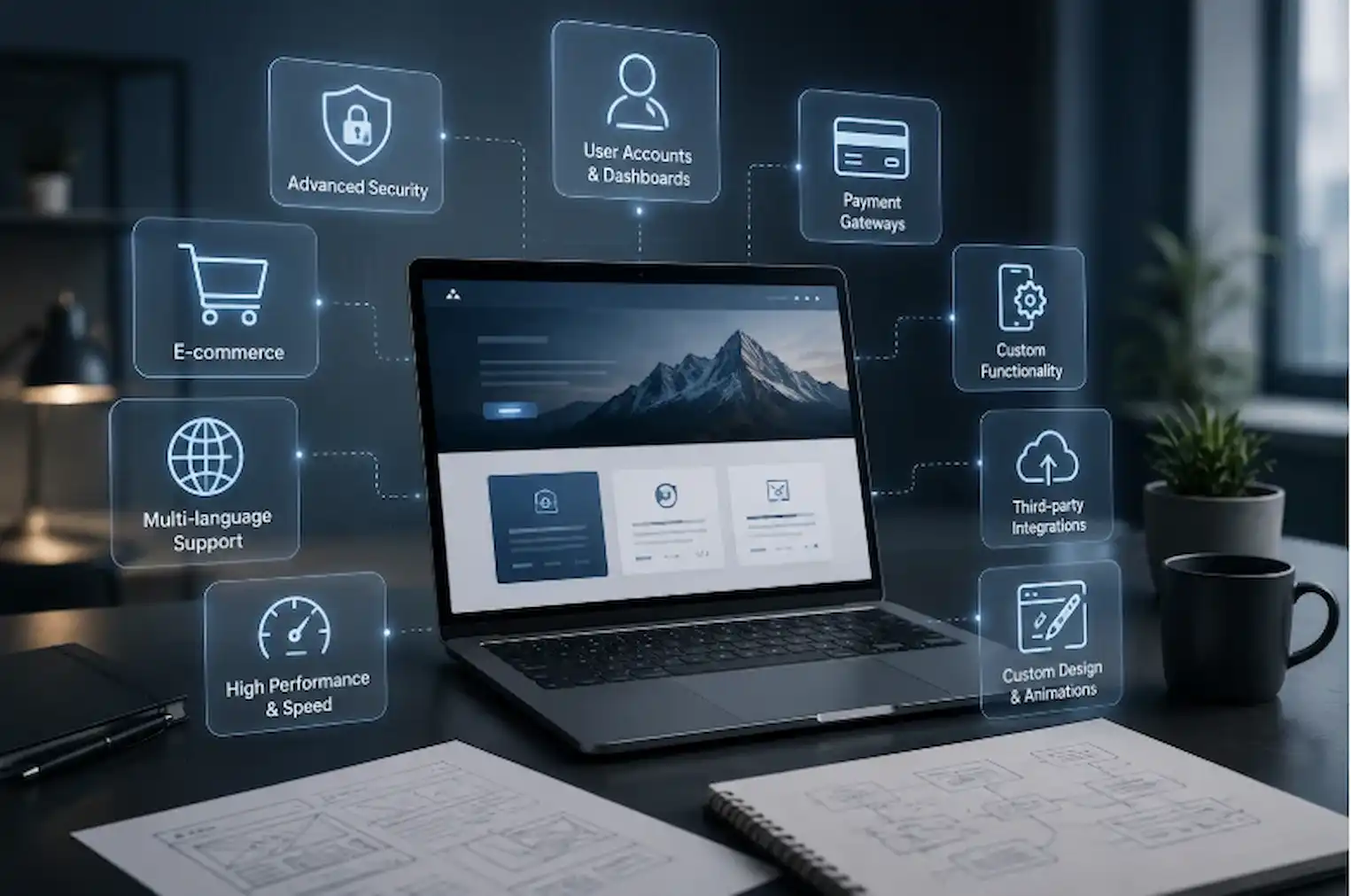 Advanced website features that increase business website cost including ecommerce, integrations, dashboards, and security.