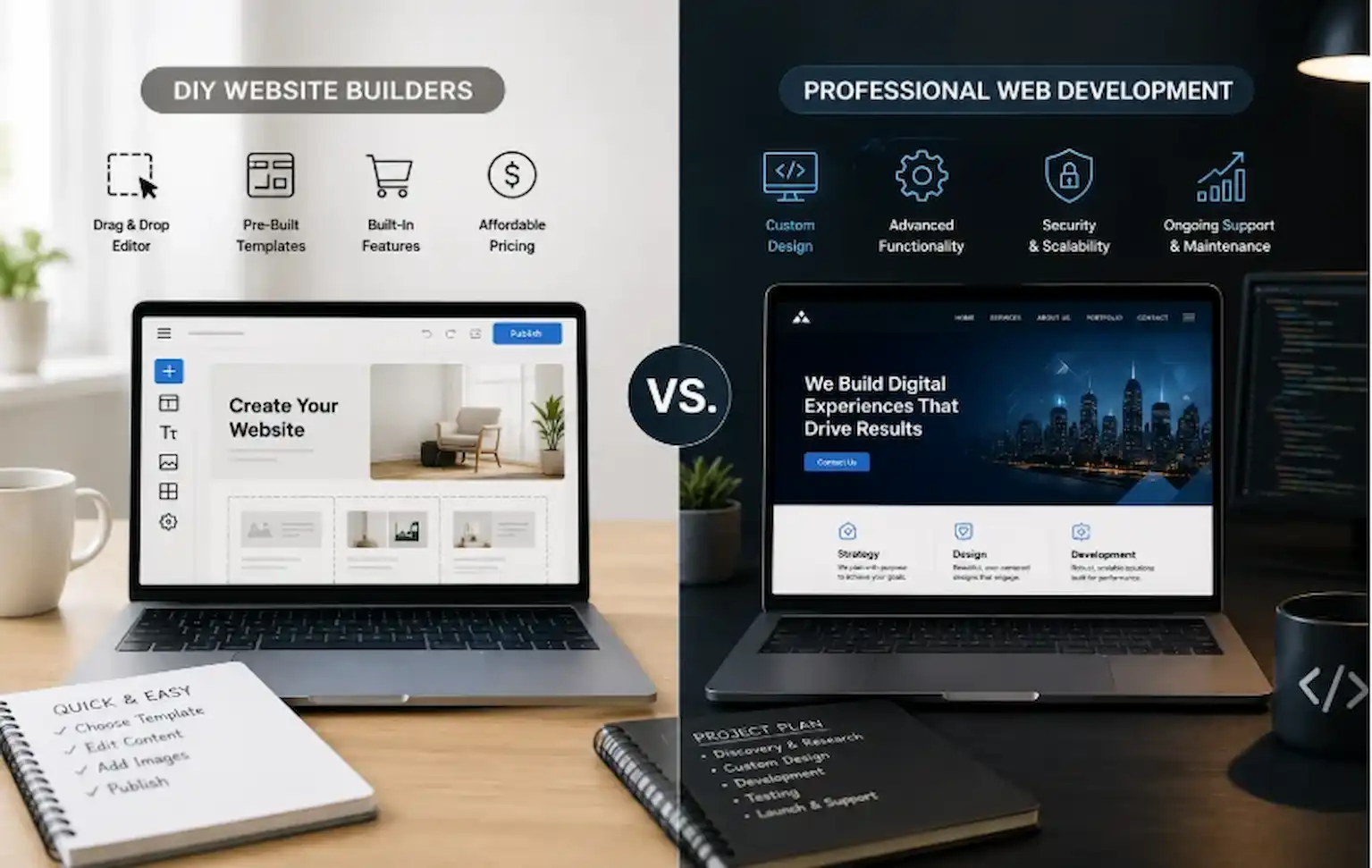Comparison between DIY website builders and professional web development for business website cost.