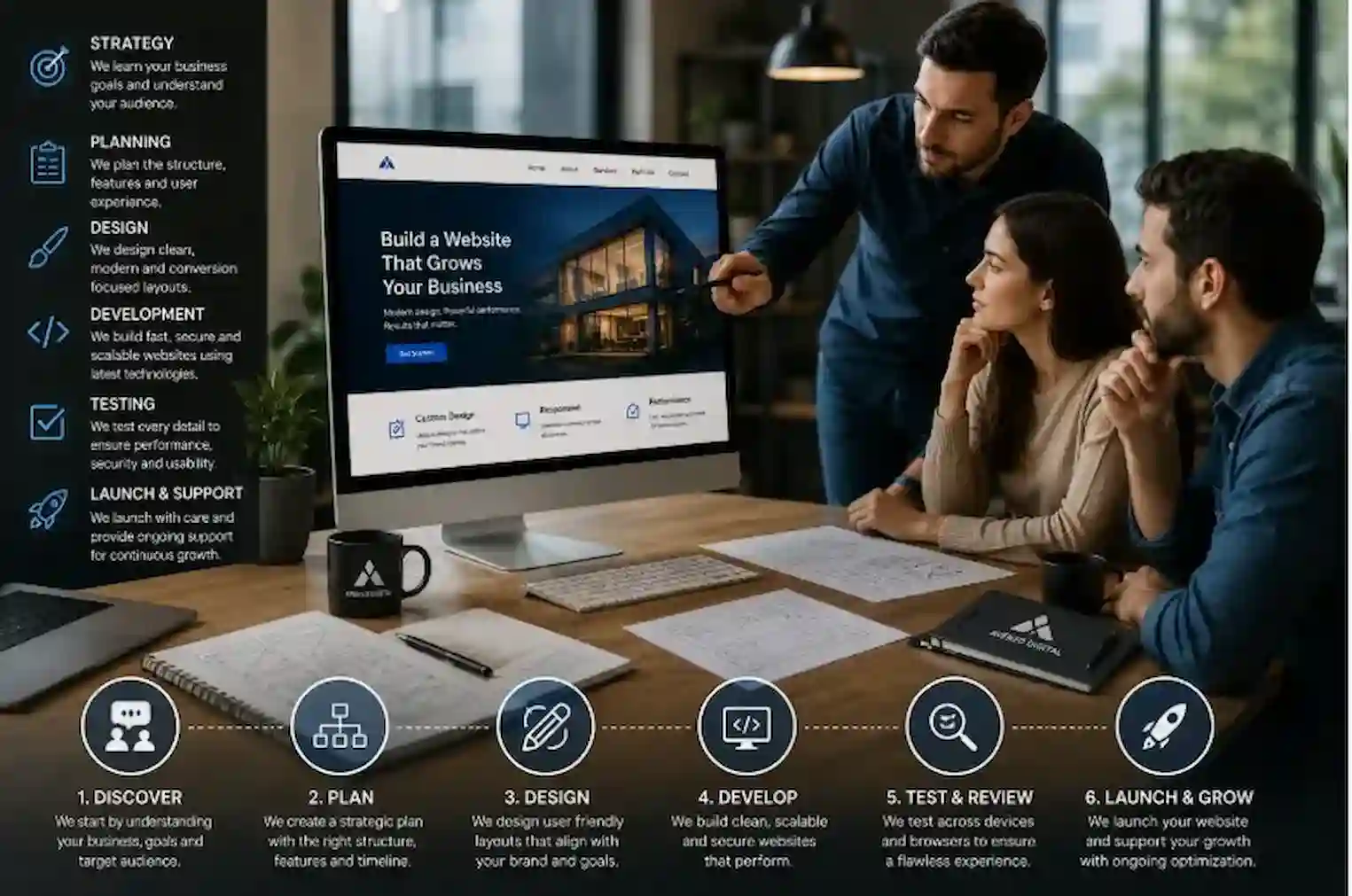 Professional team discussing business website cost while planning a custom website development project.