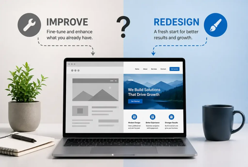 Comparison between improving an existing website and choosing a complete website redesign.