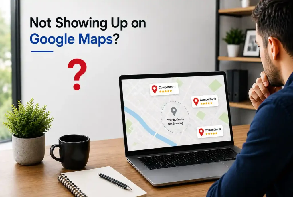 Business not showing up on Google Maps while nearby competitors appear in local search results.