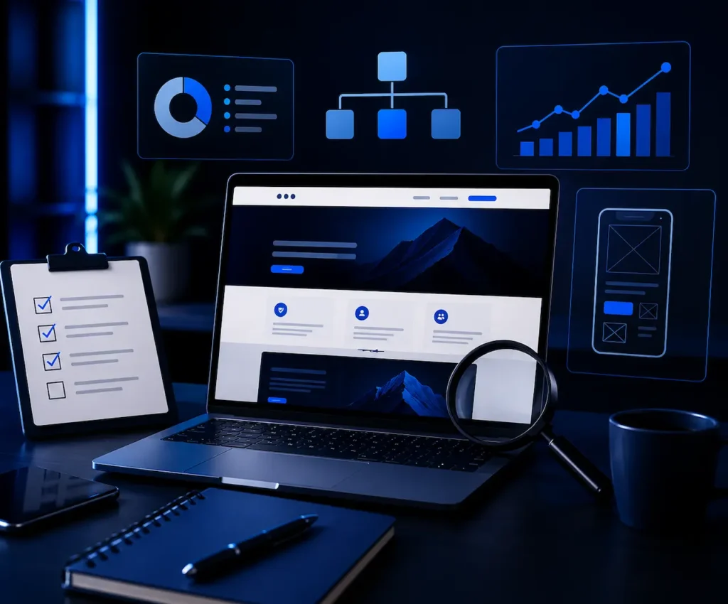 SEO website audit and analysis showing website performance metrics, search rankings, traffic growth, mobile optimization, and technical SEO review