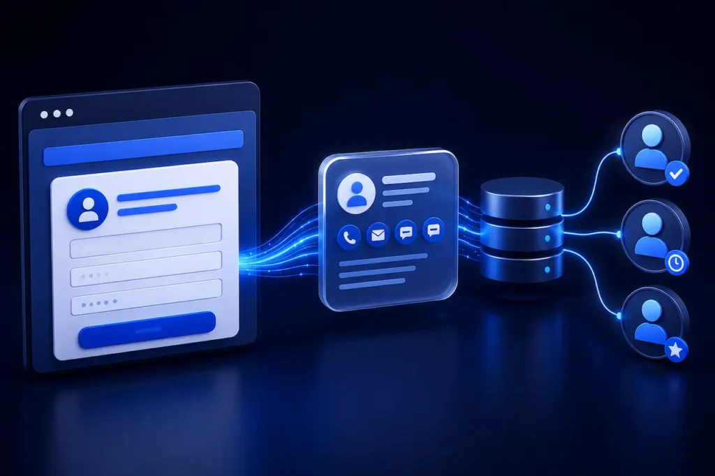 Lead management and CRM integration connecting website contact forms with customer data, sales pipelines, and business communication systems