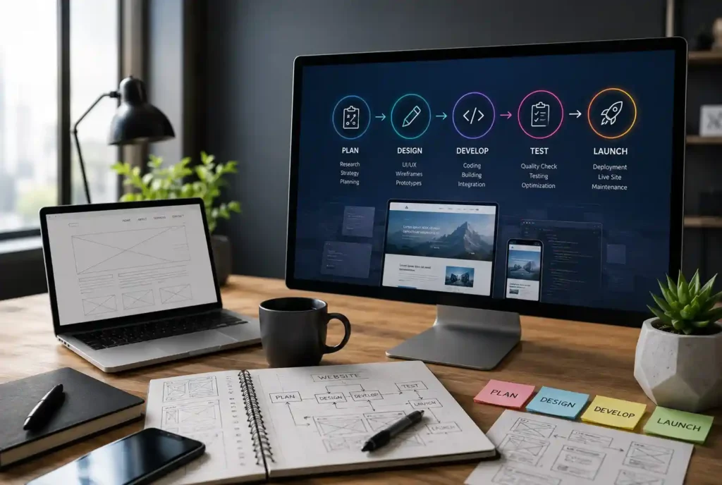 Business website development process including planning design development testing and launch