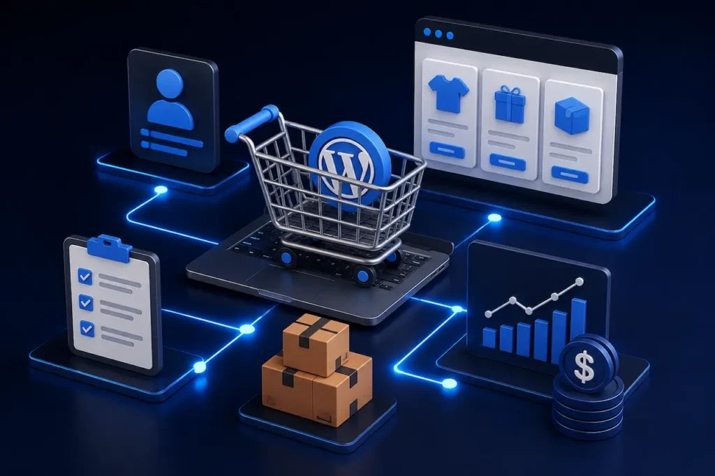 Ecommerce website development with product catalog, shopping cart, inventory management, customer accounts, payment processing, and cloud integration