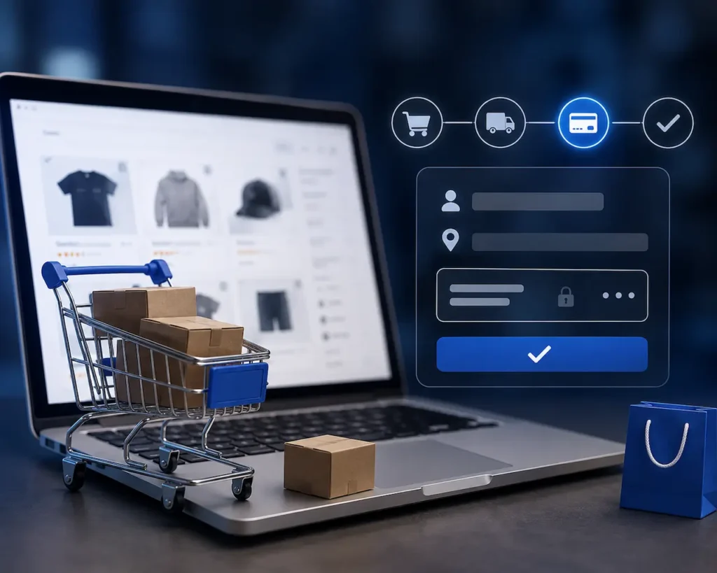 Ecommerce checkout process with online shopping cart, customer information, secure payment, order confirmation, and transaction security