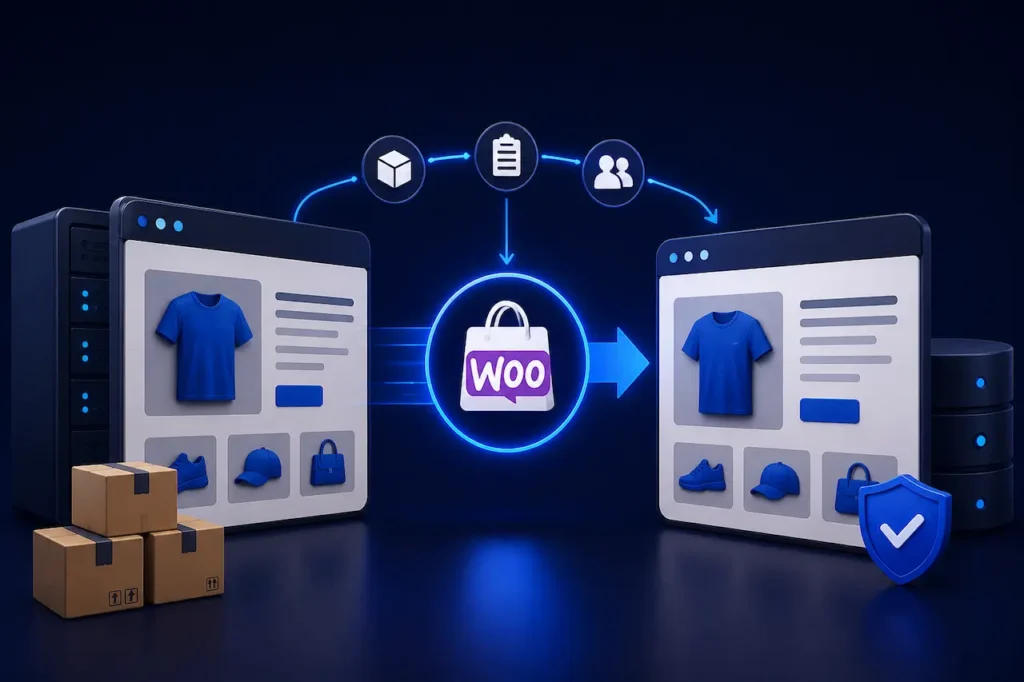 Ecommerce website migration between online stores showing product catalogs, shopping carts, customer data, and store data transfer