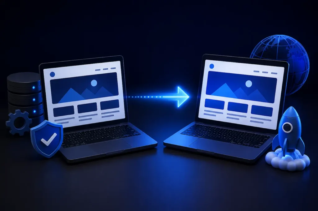 Website migration and redesign showing data transfer between web platforms, secure hosting, database migration, and improved website performance