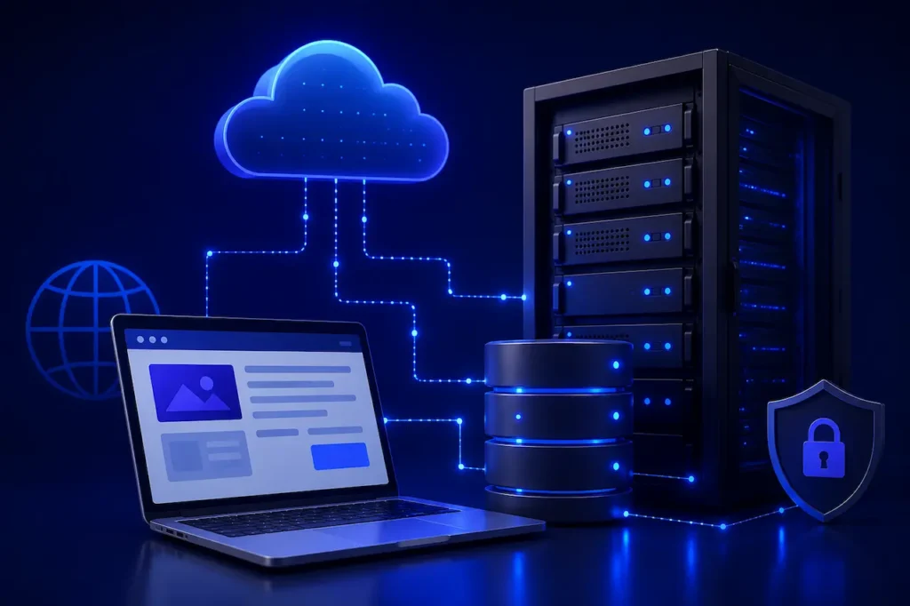Cloud hosting and web infrastructure showing secure servers, database storage, cloud computing, website hosting, and data protection