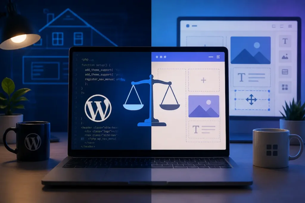 WordPress website development and custom web design showing coding, page layout, responsive interface, and website customization