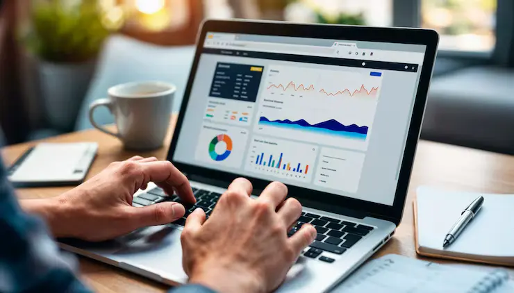 Person working on a laptop displaying a website analytics dashboard.