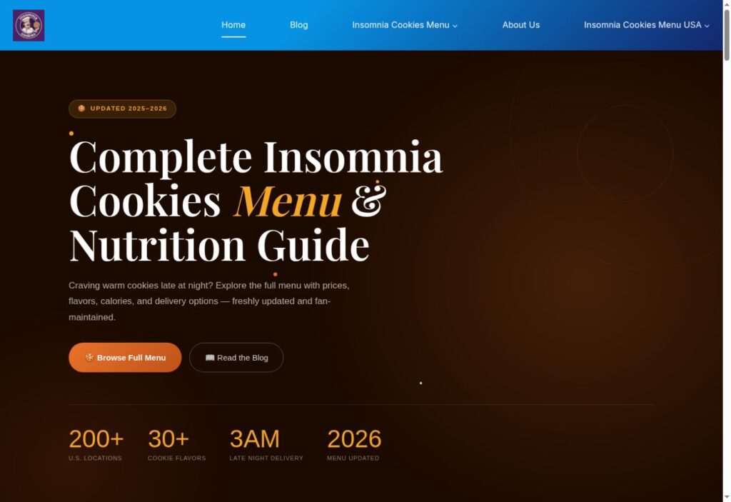 Insomnia Cookies Menu live website screenshot
